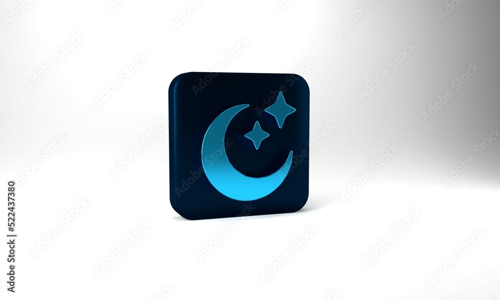 Blue Moon and stars icon isolated on grey background. Cloudy night sign. Sleep dreams symbol. Full moon. Night or bed time sign. Blue square button. 3d illustration 3D render Blue Moon and stars icon isolated on grey background. Cloudy night sign. Sleep dreams symbol. Full moon. Night or bed time sign. Blue square button. 3d illustration 3D render