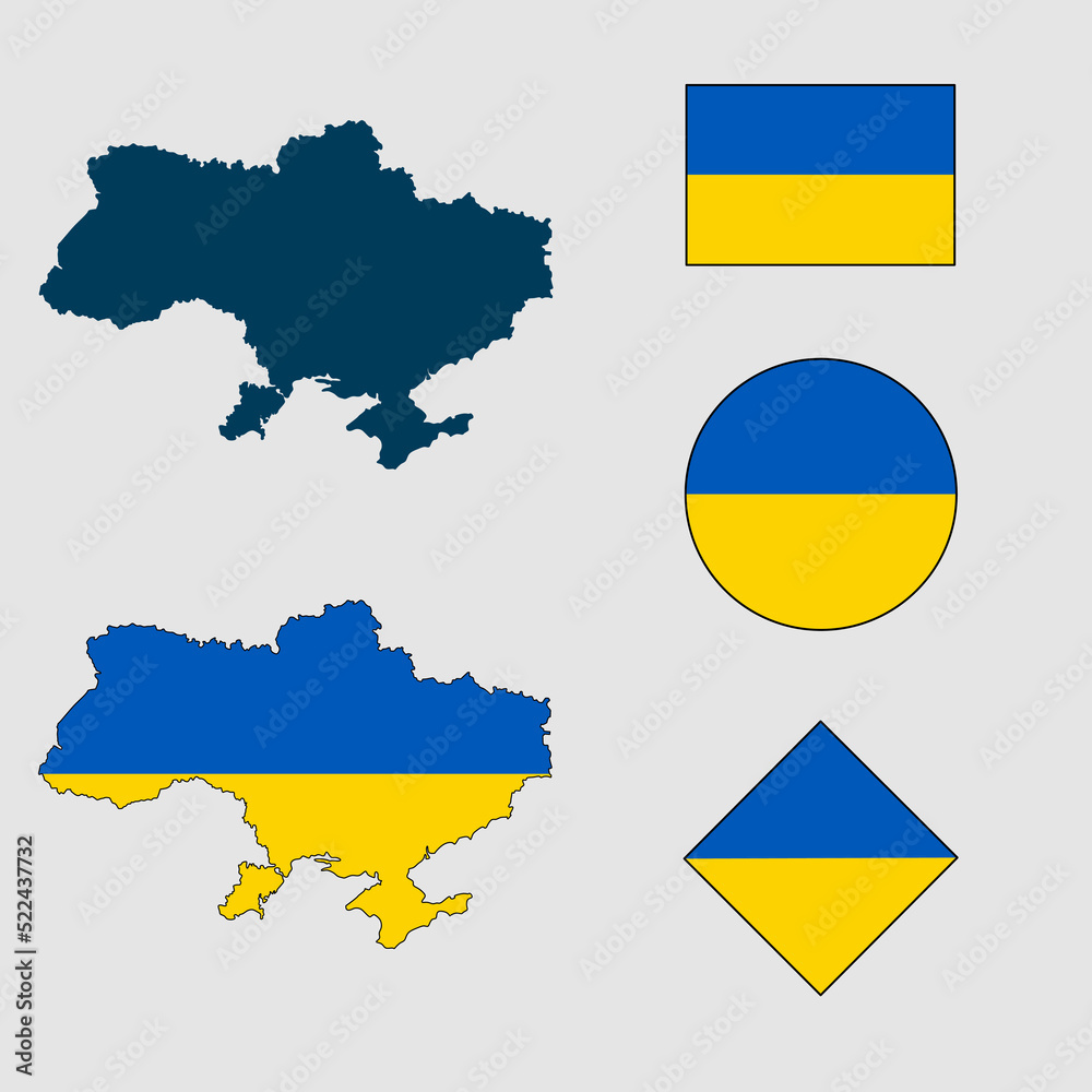 Vector of Ukraine country outline silhouette with flag set isolated on white background. Collection of Ukraine flag icons with square, circle, rectangle and map shapes. Vector of Ukraine country outline silhouette with flag set isolated on white background. Collection of Ukraine flag icons with square, circle, rectangle and map shapes.