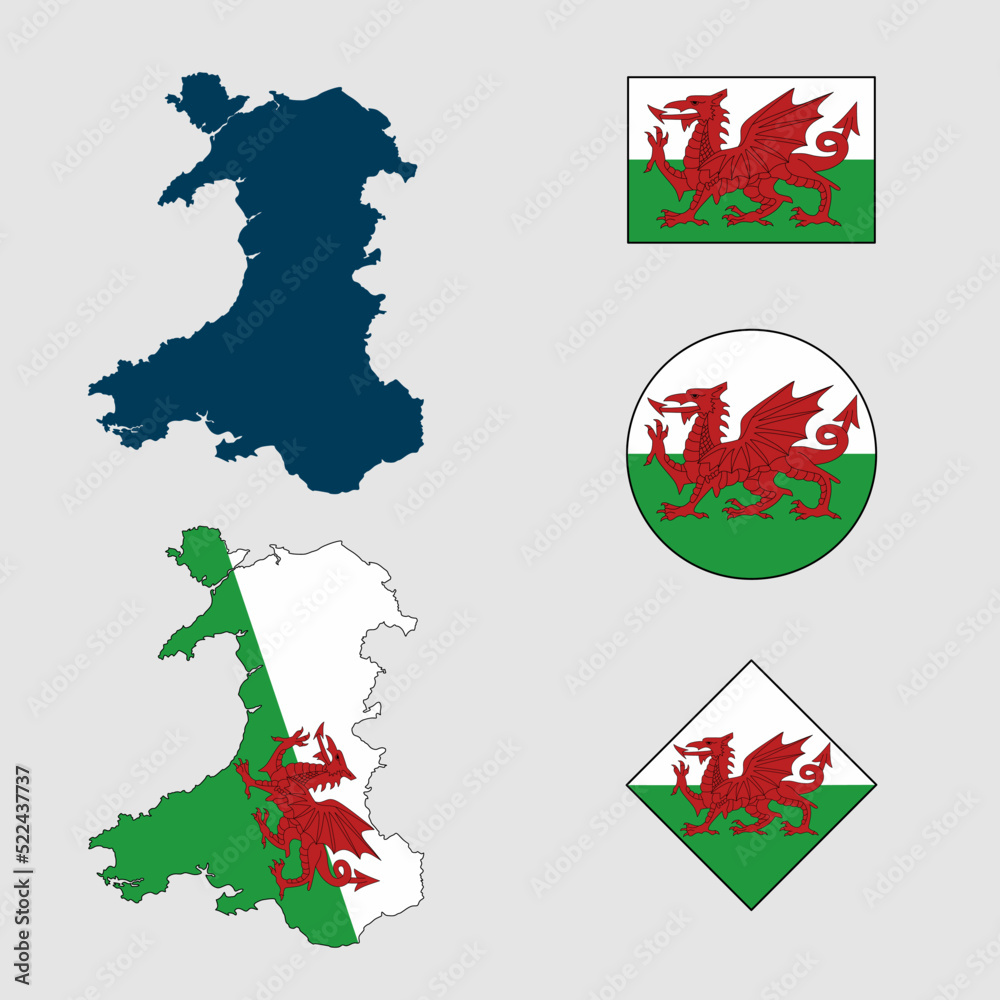 Vector of Wales country outline silhouette with flag set isolated on white background. Collection of Wales flag icons with square, circle, rectangle and map shapes.
