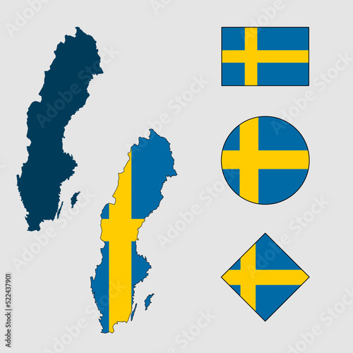 Vector of Sweden country outline silhouette with flag set isolated on white background. Collection of Swedish flag icons with square, circle, rectangle and map shapes.