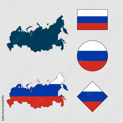 Vector of Russia country outline silhouette with flag set isolated on white background. Collection of Russia flag icons with square, circle, rectangle and map shapes.