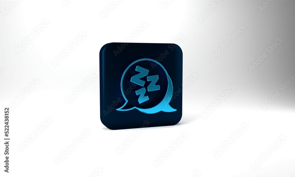 Blue Sleepy icon isolated on grey background. Sleepy zzz talk bubble. Blue square button. 3d illustration 3D render Blue Sleepy icon isolated on grey background. Sleepy zzz talk bubble. Blue square button. 3d illustration 3D render