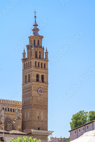 View of the steeple of Tarazona Cathedral in Aragon, Spain