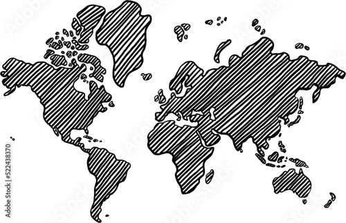 Freehand world map sketch on transparent background.