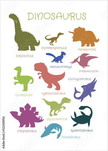 Poster with colorful silhouettes of dinosaurs and their names. Educational material for children. Vector illustration.