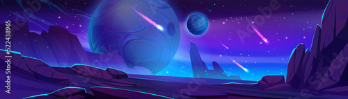 Alien planet landscape, night Mars surface with meteorites and spheres in space. Extraterrestrial game background with mountains, rocks and dark starry sky with comets, Cartoon vector illustration