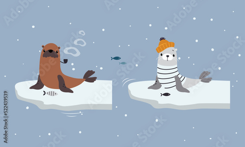 Set of cute wild polar animals. Walrus and fur seal marine mammals vector illustration