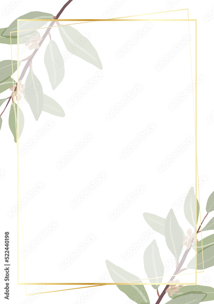 Fototapeta premium beautiful minimal seeded eucalyptus leaves with golden frame background for birthday or wedding invitation card template