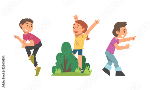 Cute happy kids playing hide and seek cartoon vector illustration