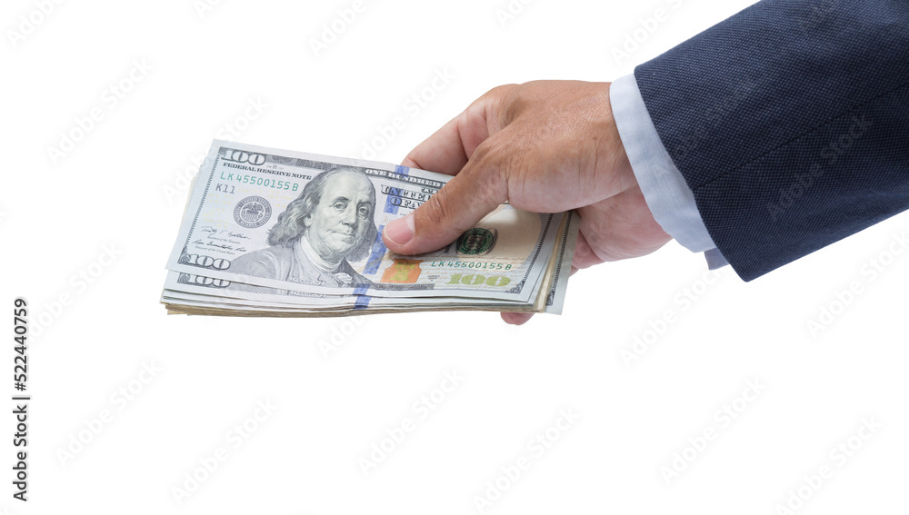 Man hand holding 100 dollar banknote isolated Man hand holding 100 dollar banknote isolated