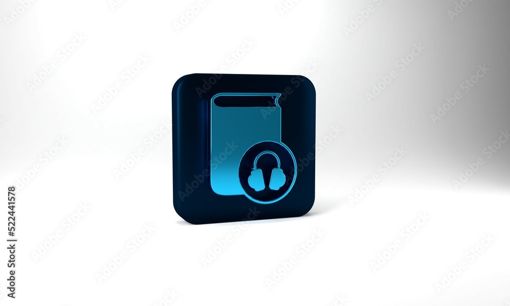 Blue Audio book icon isolated on grey background. Book with headphones. Audio guide sign. Online learning concept. Blue square button. 3d illustration 3D render