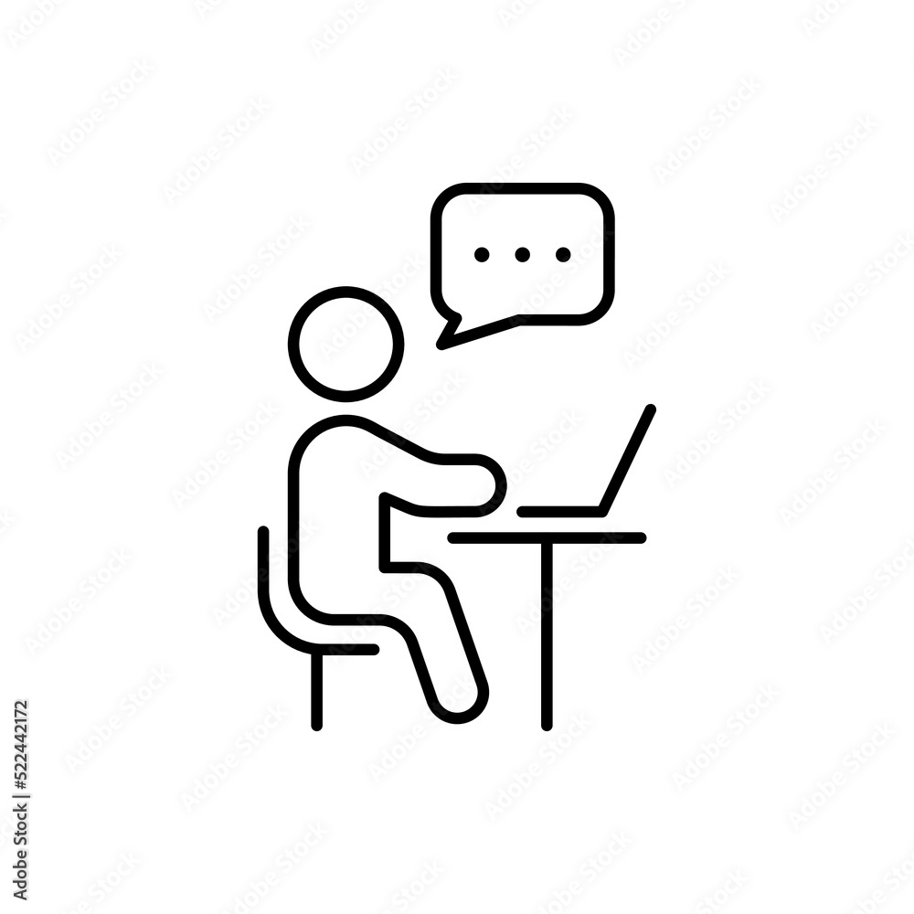 Person Sit and Use Computer Line Icon. Online Training Video Conference Chat on Laptop Linear Pictogram. Virtual Webinar Meeting Discussion Outline Icon. Editable Stroke. Isolated Vector Illustration Person Sit and Use Computer Line Icon. Online Training Video Conference Chat on Laptop Linear Pictogram. Virtual Webinar Meeting Discussion Outline Icon. Editable Stroke. Isolated Vector Illustration