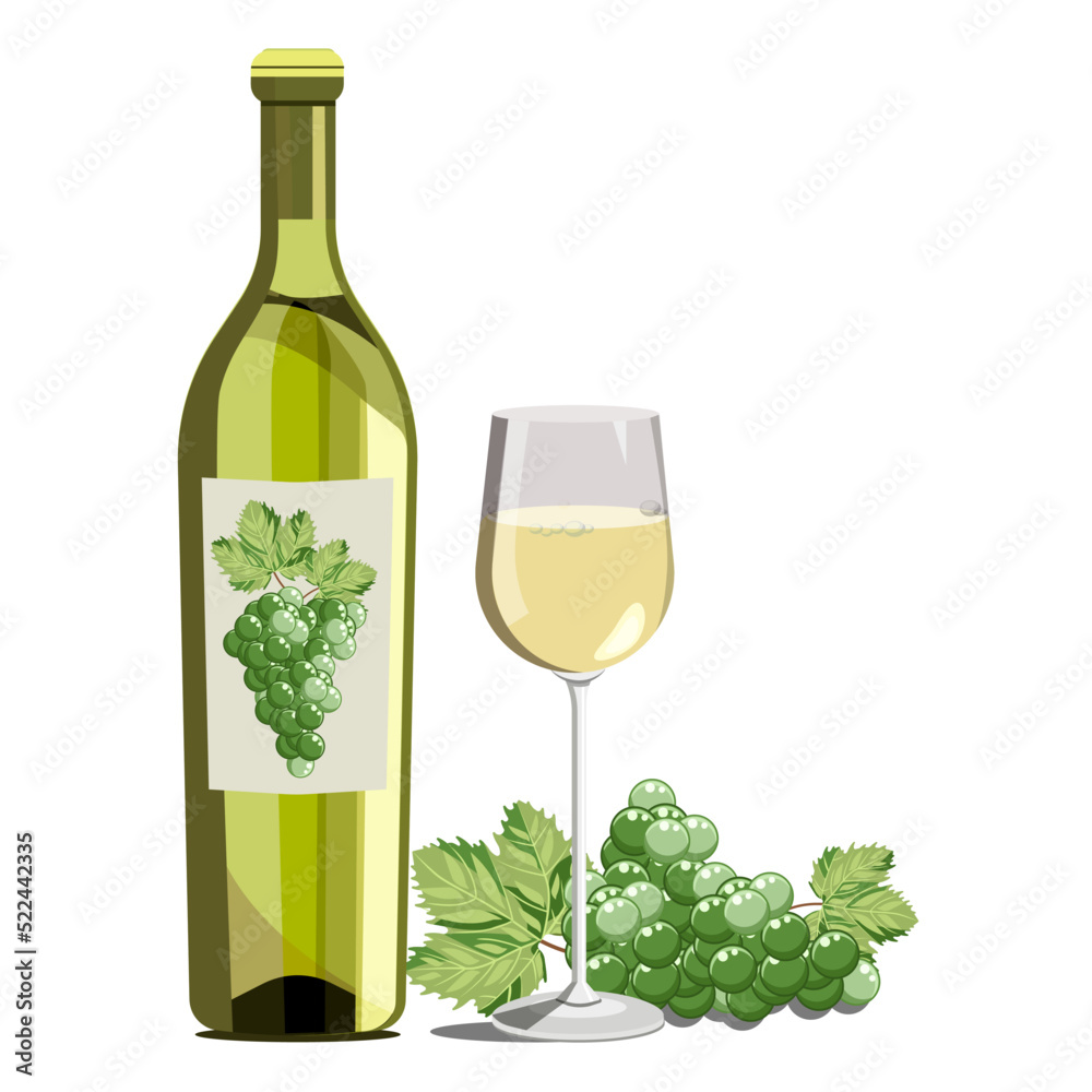 White grape wine in a bottle, a glass and green grapes on a white background.Vector composition can be used in wineries, restaurant menus, labels,textiles, postcards.