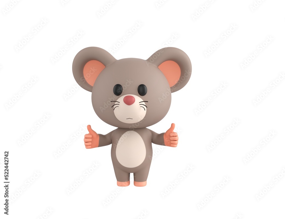 Naklejka premium Little Rat character showing thumb up with two hands in 3d rendering.