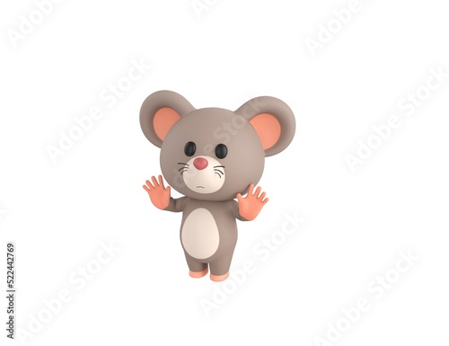 Little Rat character raising hands and showing palms in surrender gesture in 3d rendering.