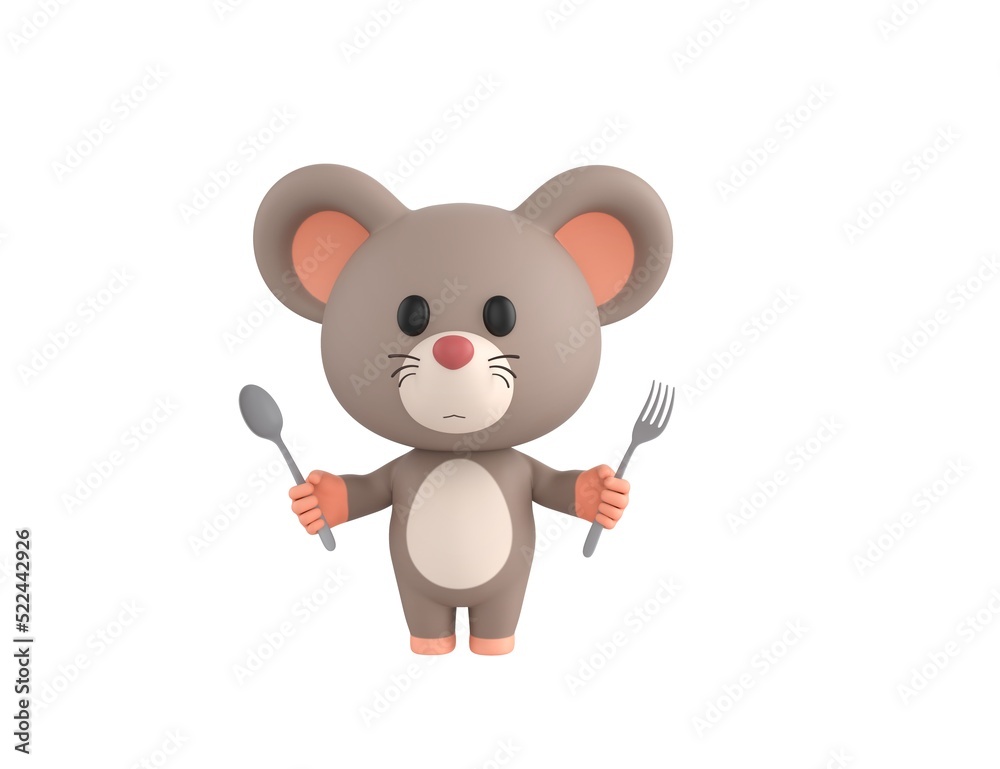 Fototapeta premium Little Rat character holding fork and spoon in 3d rendering.