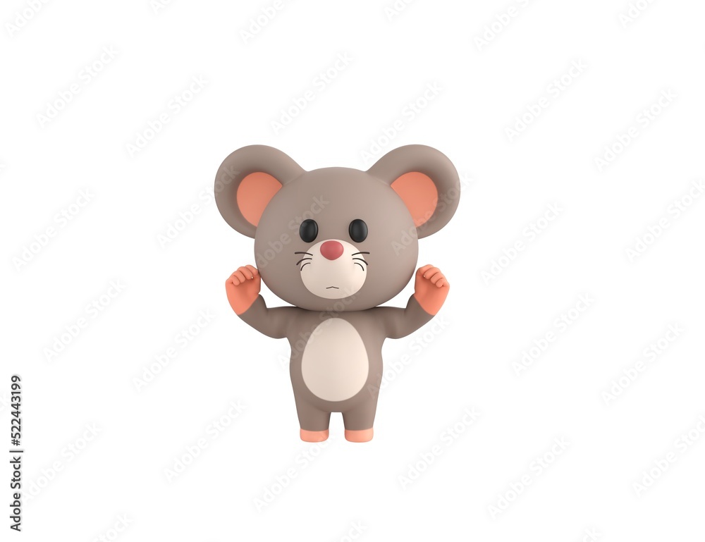 Naklejka premium Little Rat character raising two fists in 3d rendering.