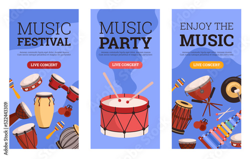 Music festival or party of instrumental music banners flat vector illustration.