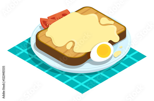 Isometric slice of bread with melted cheese, butter and tomatoes on plate. Tasty breakfast. Vector isolated on white background