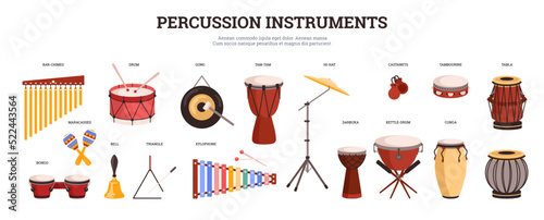 Big set of percussion instruments with names of each flat style