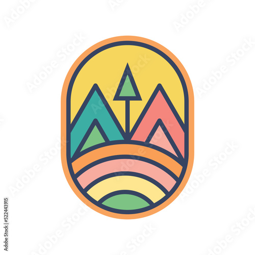 Abstract Sunset beach mountain logo badge oval  design. Template Vector illustration. Logo Sign Design Icon