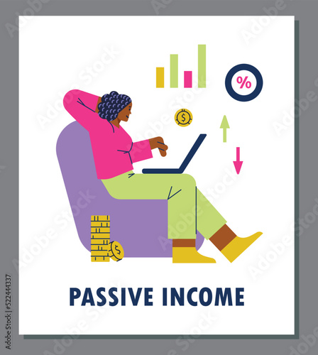 Wallpaper Mural Woman relaxing in chair and investing money online with laptop, poster template flat vector illustration. Torontodigital.ca