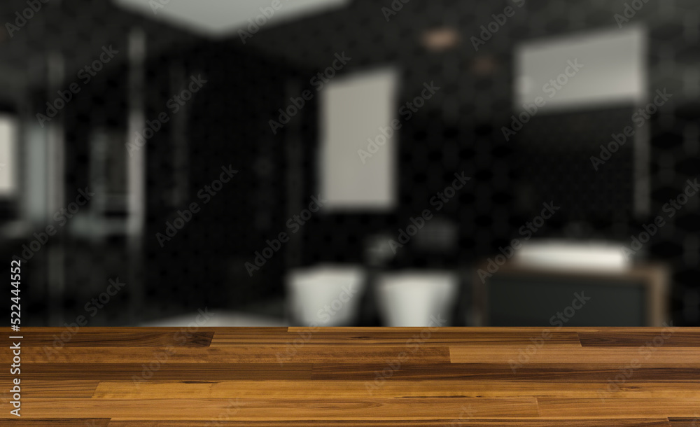 Clean and fresh bathroom with natural light. 3D rendering.. Mock. Background with empty wooden table. Flooring.