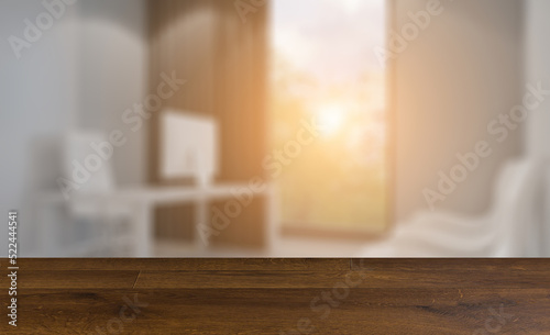 Furniture set with table, chairs and devices. 3D rendering.. Sun. Background with empty wooden table. Flooring.