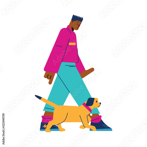 Man walking with his dog nearby, obedient pet - flat vector illustration isolated on white background.