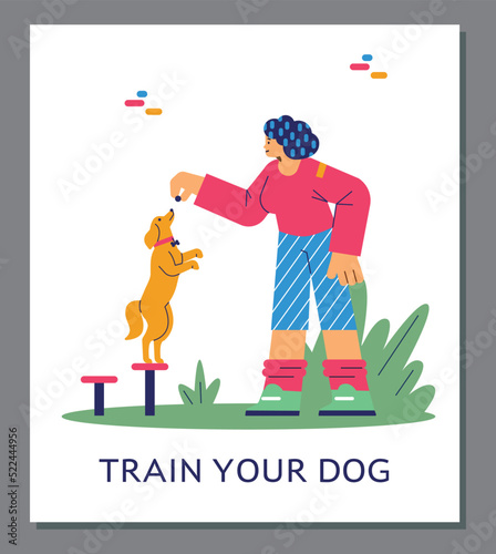 Dog training banner or poster mockup with characters flat vector illustration.