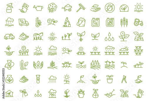 Growing seedlings. Set of icons. Plant shoots. Agriculture and gardener. Sowing seeds. Vector editable outline stroke.