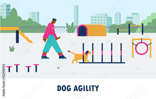 Dog agility training course for puppies and show preparation, flat vector.