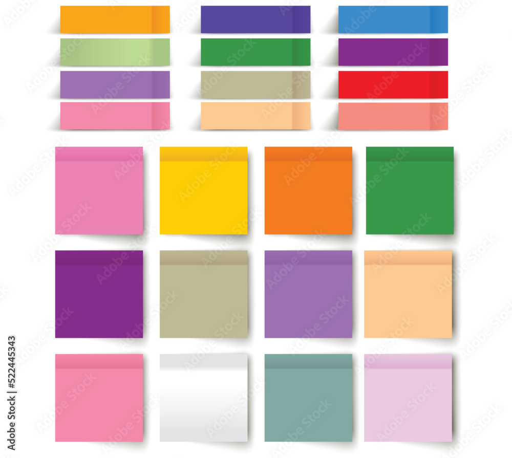 Paper Note vector. Sticker note. Vector collection of light color sticky note office papers isolated with transparent shadows