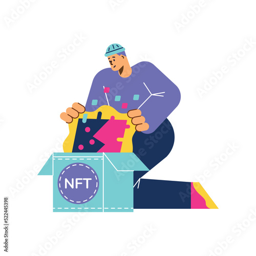 Man selling his art piece to NFT marketplace, abstract flat vector illustration isolated on white background.