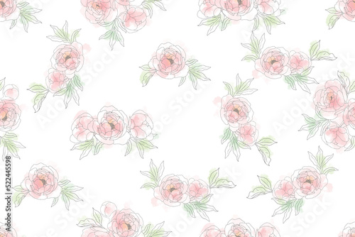 loose watercolor doodle line art peony flower bouquet seamless pattern