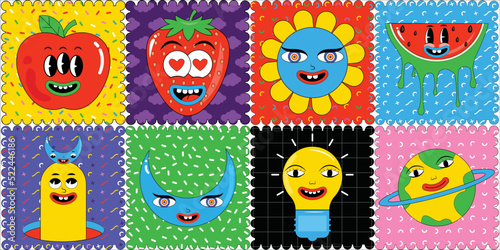 Funny cartoon characters in trendy retro style Strawberry, watermelon, bulb, apple. Hand drawn abstract comic characters sticker pack. Trendy cartoon badges and labels. Creative modern comic doodle.