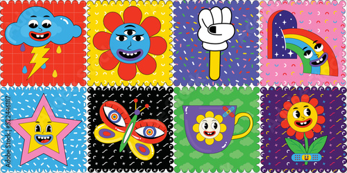 Hand drawn abstract funny cute comic characters sticker pack. Trendy cartoon badges and labels. Creative modern shapes. Comic doodle, psychedelic sticker, trendy retro elements. Butterfly, flower,
