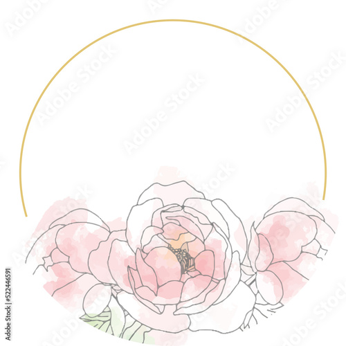 loose line art poeny flower bouquet wreath with golden frame photo