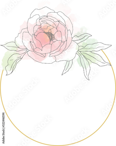 loose line art poeny flower bouquet wreath with golden frame photo