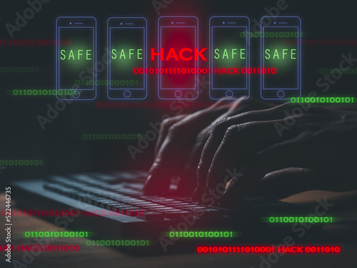 Fingers are typing data on the keyboard. hack security information to steal financial transaction data from mobile phones that are not secured or have poor protection