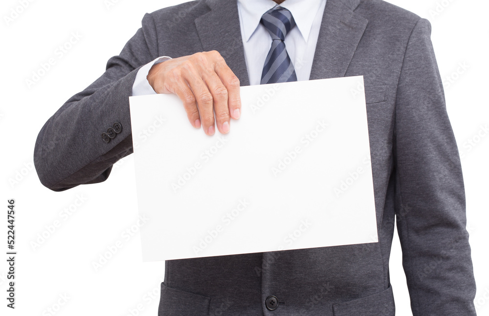Businessman hands holding white cardboard isolated Businessman hands holding white cardboard isolated