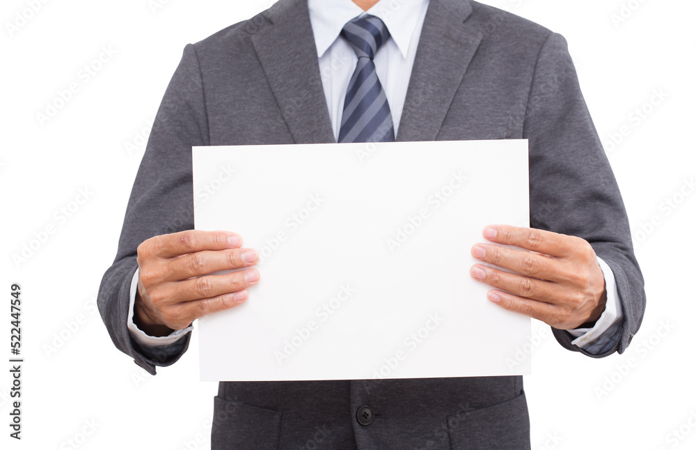 Businessman hands holding white cardboard isolated Businessman hands holding white cardboard isolated