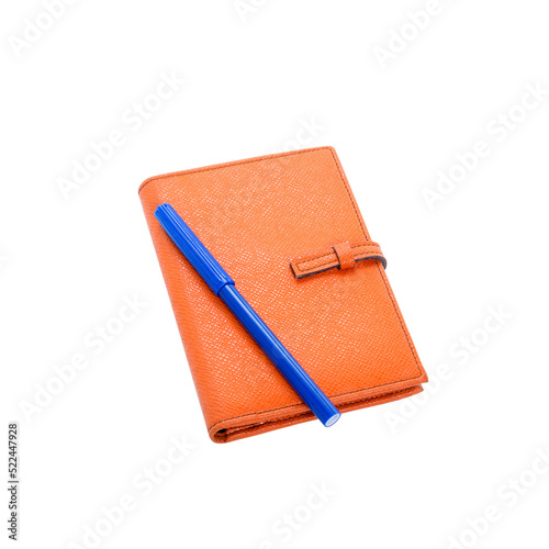 Orange diary and blue pen isolated photo