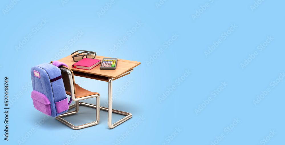 school desk and chair with school supply 3d render on blue gradient