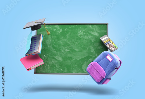 online education concept Blue backpack with school supplies and school board 3d render on dlue gradient photo