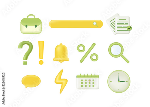 set of 3d icons for business or education. green and yellow cartoon objects on a white isolated background. office supplies, stationery. business concept