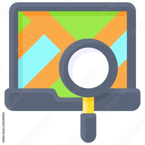 Route finding on laptop screen icon, location map and navigation vector