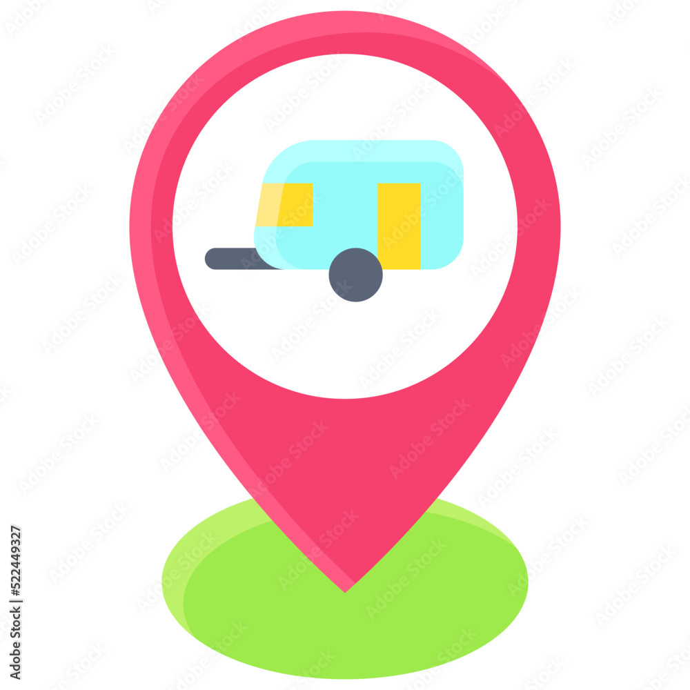 Pin with camper trailer sign icon, location map and navigation vector Pin with camper trailer sign icon, location map and navigation vector