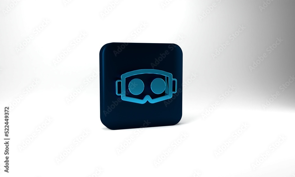 Blue Virtual reality glasses icon isolated on grey background. Stereoscopic 3d vr mask. Optical head mounted display. Blue square button. 3d illustration 3D render Blue Virtual reality glasses icon isolated on grey background. Stereoscopic 3d vr mask. Optical head mounted display. Blue square button. 3d illustration 3D render