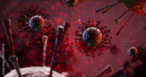Coronavirus Covid-19 macro animation rendering of red pathogen viruses floating on blood cells and hemoglobin background. Detailed 4K Nuclear 3D Render. photo